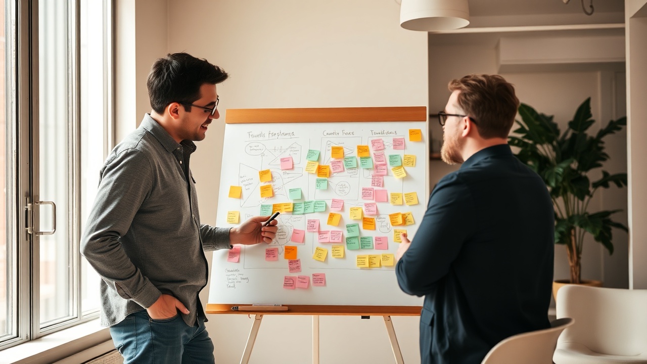 ChromaFlow founders Alex and Sarah at a whiteboard brainstorming session